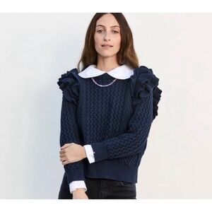 Clare V. x Demylee | Nora Sweater Medium Navy Blue Ruffle Cable Knit $275